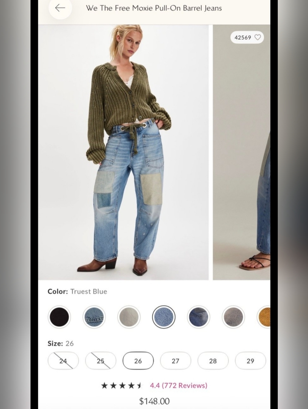 We The Free Truest Blue Patchwork Pull-On Barrel Jeans